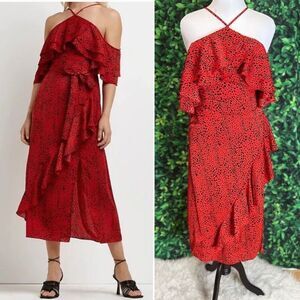 River Island red ruffled animal print cold shoulder midi dress 10